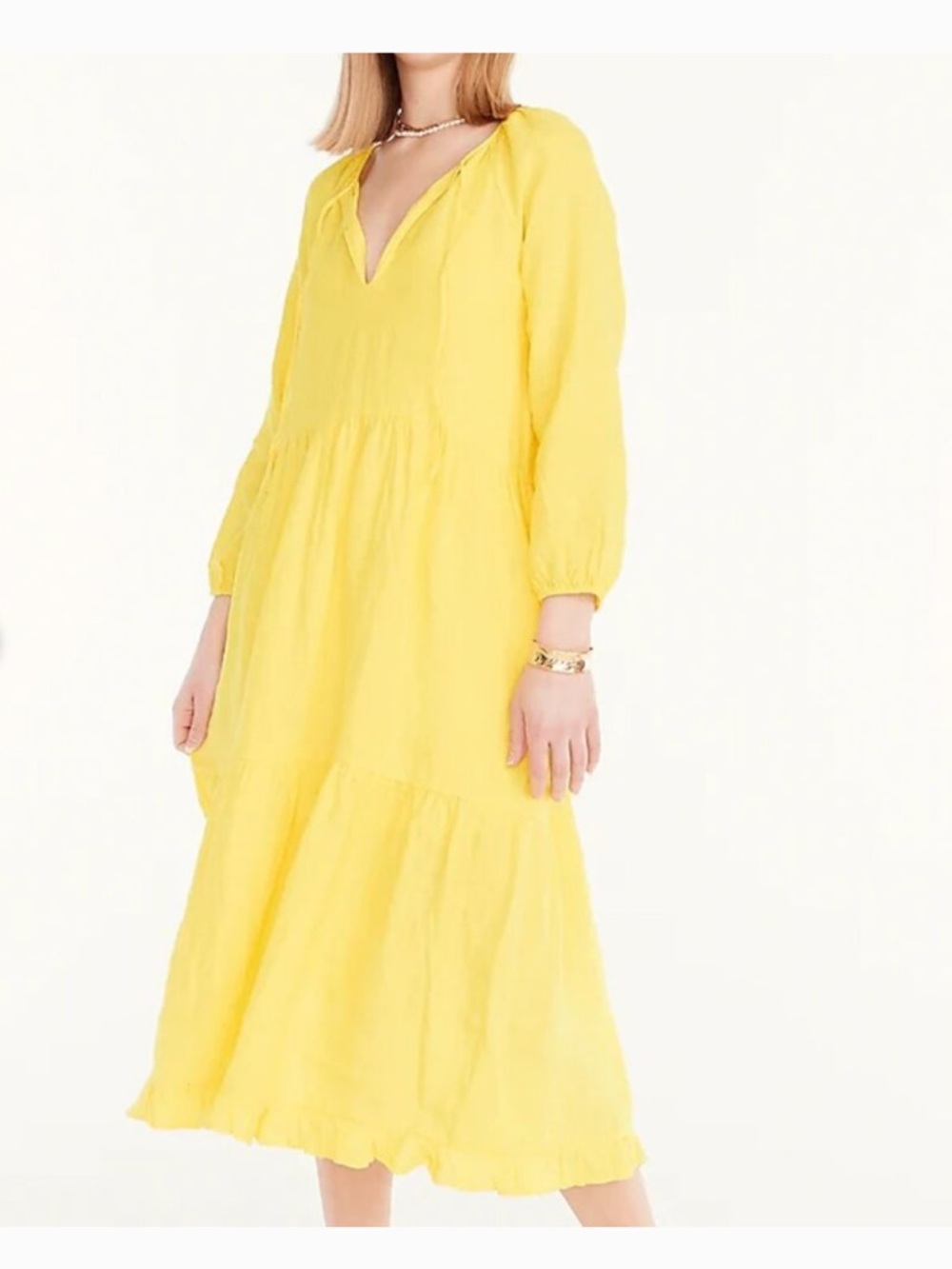 J. Crew Yellow V-Neck Tiered Midi Dress 100% linen